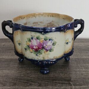 Antique Royal Nippon Planter Blue Multicolor Floral Footed Ceramic Jardiniere